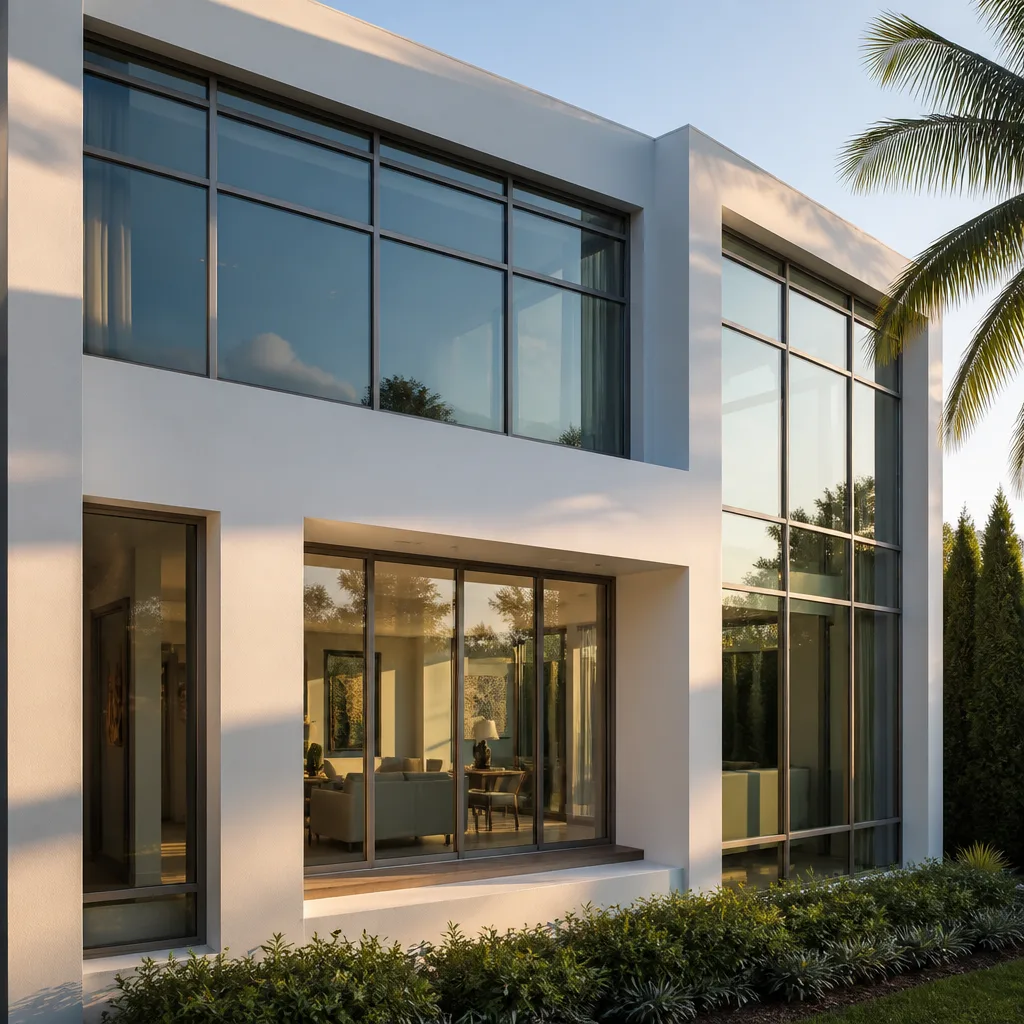 Modern luxury home exterior with professional window and door installation.