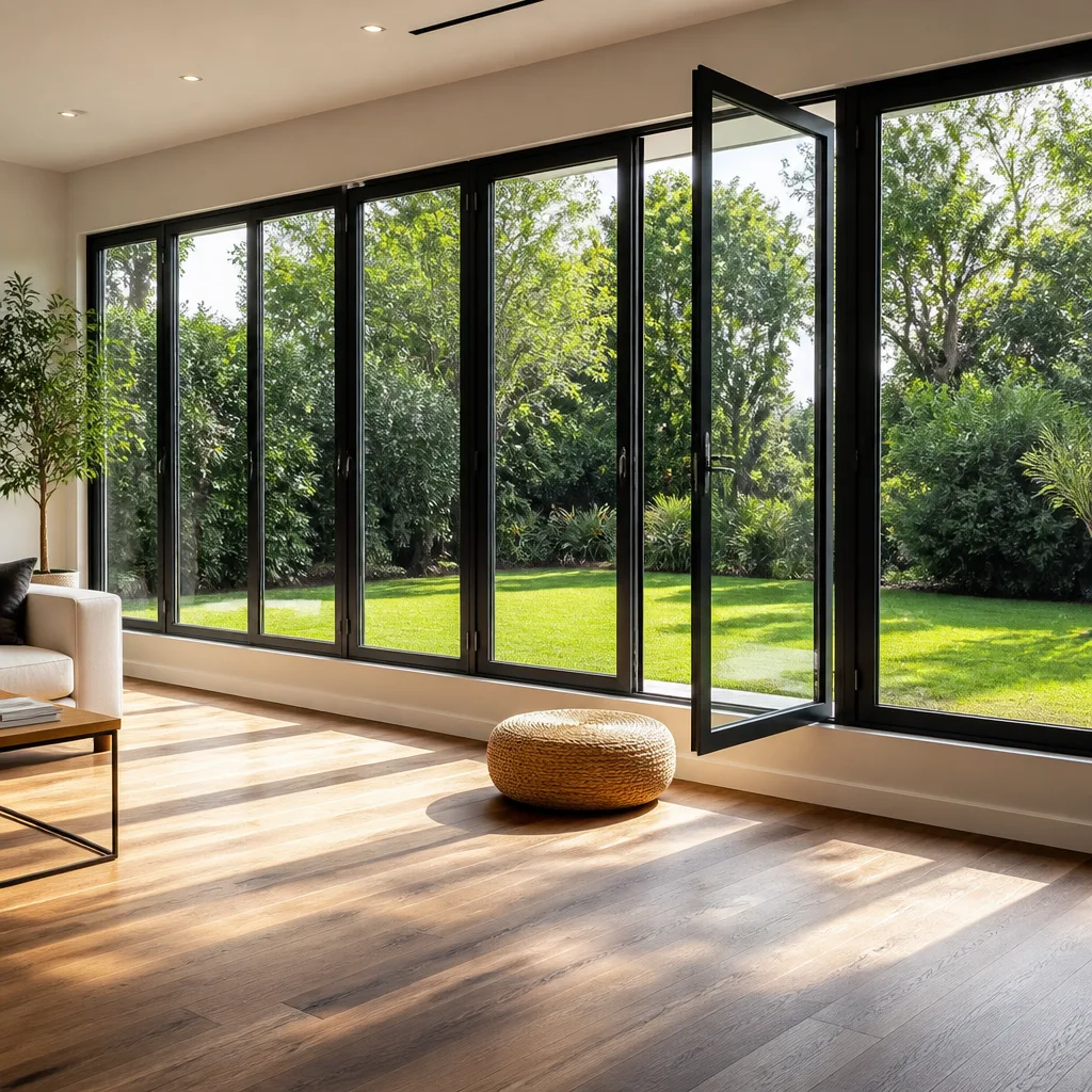Modern black-framed glass patio doors installed in a contemporary home living space