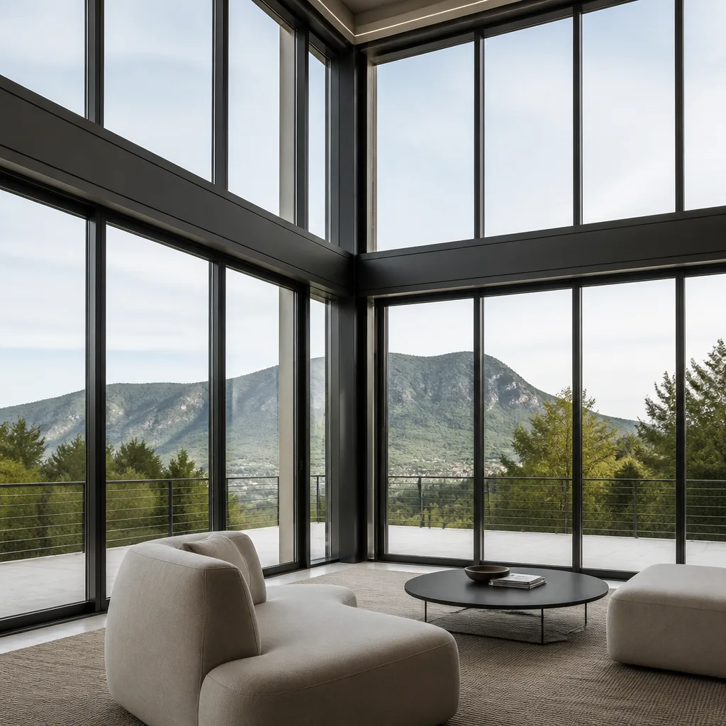 Modern floor-to-ceiling glass windows with black architectural frames
